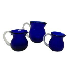 3 Cobalt Blue Pilgrim Art Glass Creamer Pitcher Clear Applied Handle 12oz & 2oz